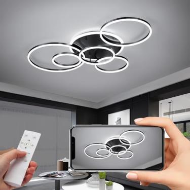 Imagem de Luminária de teto LED moderna para sala de estar, com intensidade de luz infinitamente ajustável, formato de anéis e controle remoto. Lâmpadas de teto redondas de 3000-6000K para quarto, sal