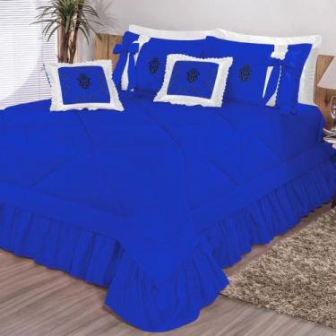 Imagem de Kit Cobre Leito Casal King Esplendore Bordado 7 Peças Colcha Azul - Bo
