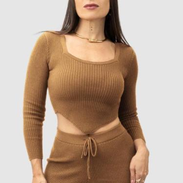 Imagem de Cropped Tricot Modal Feminino Ponta Texturizado Manga Longa Inverno Fa