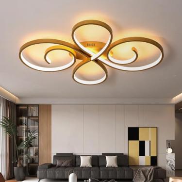 Imagem de Lustre de teto moderno e minimalista com design curvo, controle remoto por aplicativo, função de memória, dimmer, timer e 3 opções de cores de luz para sala de estar, na cor dourada.