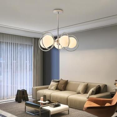 Imagem de Lustre moderno de 5 lâmpadas com acabamento em vidro leitoso, estilo medieval, com detalhes em metal cromado, decorativo e criativo, com soquete E27, ideal para cozinhas, salas de jantar, ha