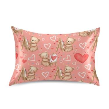 Imagem de Wassud Happy Painting Ursos Dia dos Namorados Fronha de Cetim para Cabelo e Pele Fronhas de Seda Lisa Queen Size Fronhas Respiráveis com Fecho de Envelope