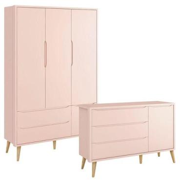 Imagem de Guarda Roupa Infantil 3 Portas e Cômoda Theo 1 Porta Rosa com Pés Made