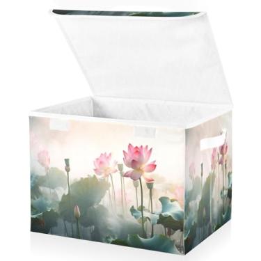 Imagem de Blueangle Cestos de armazenamento Dreamlike Lotus Plants com tampas, 42 x 32 x 30 cm, grande cesta organizadora dobrável para decoração de casa e escritório (158)