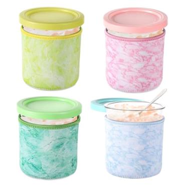 Imagem de 4 peças de mangas de neoprene para sorvete, capa isolada reutilizável para recipientes Ninja Creami NC501 NC500 Series Maker, sem recipientes (4 cores)