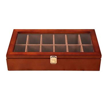 Imagem de Grande caixa de armazenamento de madeira maciça com tampa de vidro - organizador de 12 compartimentos para casa, escritório, artesanato e suprimentos - solução de armazenamento elegante