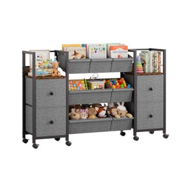 Imagem de Modanais Organizadores de brinquedos infantis e caixas de armazenamento – 7 caixas de armazenamento + 4 gavetas de tecido + 2 estantes, armazenamento de sala de jogos, organizador de carrinho móvel