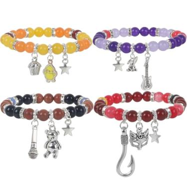 Imagem de JUNIQUTE Pulseira feminina inspirada em jogos FNAF - 4 peças de pulseiras com contas de pedra translúcidas e pingentes de metal, pulseiras para mulheres, presentes de aniversário e dia dos namorados