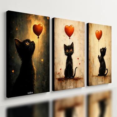 Imagem de Kit3 Quadro Decorativo Gato Coração Quarto Casa Sala Moderno (40x28cm)