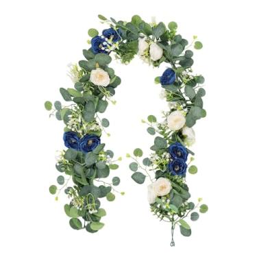 Imagem de Bothyi Arranjo floral artificial com folhas de eucalipto, ideal para fotos, decoração de parede e portas em datas comemorativas, Azul