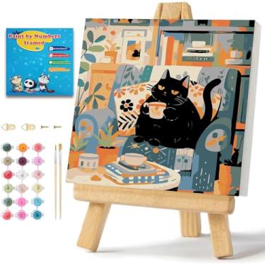 Imagem de ICYANART Kit de pintura por números com moldura de gato por números para adultos iniciantes kits de pintura em tela acrílica fácil para decoração de parede de casa 19,8 x 19,8 cm