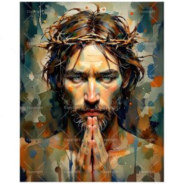 Imagem de Kit de pintura religiosa por números para adultos – DIY rezando Jesus com coroa de espinhos, conjunto de tinta acrílica, adequado para iniciantes, arte de fé para decoração de casa ou presentes (20 x