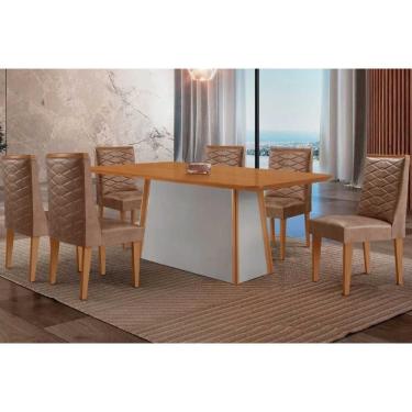 Imagem de Conjunto: Mesa Sala Jantar Tilia c/ Tampo Madeirado Canto Curvo 180x90cm e 6 Cadeiras Dafne Naturale/Off White - Suede Capuccino - Rufato