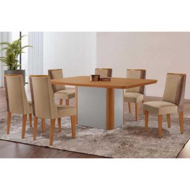 Imagem de Conjunto: Mesa Sala Jantar Pietá c/ Tampo Madeirado Canto Curvo 180x90cm e 6 Cadeiras Tilia Naturale/Off White - Linho Bege - Rufato