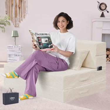 Imagem de HILERO Sofá-cama dobrável, cadeira conversível 4 em 1 com travesseiro, cama de cadeira dobrável de espuma viscoelástica dupla, colchão de sofá futon moderno para sala de estar/convidado/apartamento