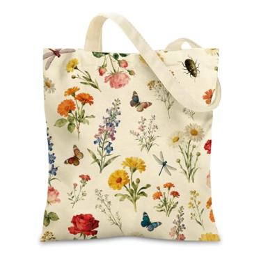 Imagem de Lednica Sacola de lona para mulheres, linda bolsa de compras reutilizável com bolso com zíper e fecho de pressão de metal, para compras, livros, viagens, Floral, Large
