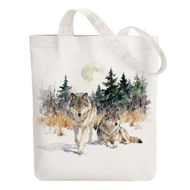 Imagem de ANATTASOUL Sacola de lona Pinheiro e Canis Lupus Bolsa de algodão reutilizável para mulheres, bolsa de ombro de tecido durável com bolsos com zíper para compras, férias, trabalho, academia