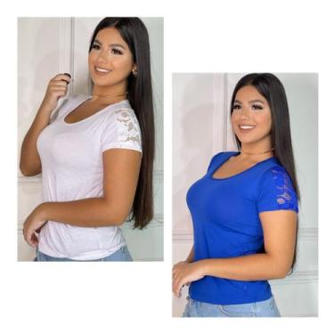 Imagem de Kit 02 Blusas detalhe de renda manga curta - GK TODA BELA, Branco, Roy