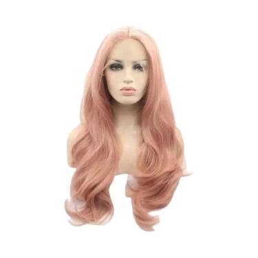 Imagem de Peruca Sintética Rosa Pink Com Renda Frontal Para Mulheres, Longa, Ond