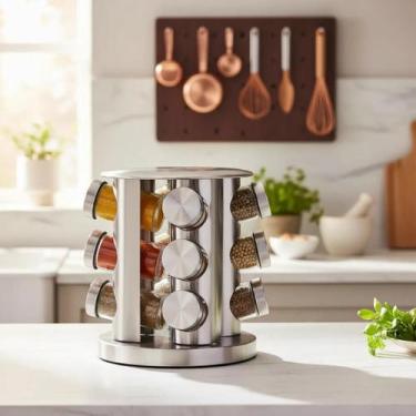 Imagem de Porta Temperos E Condimentos Giratório Inox Original 12 Potes Vidro Or