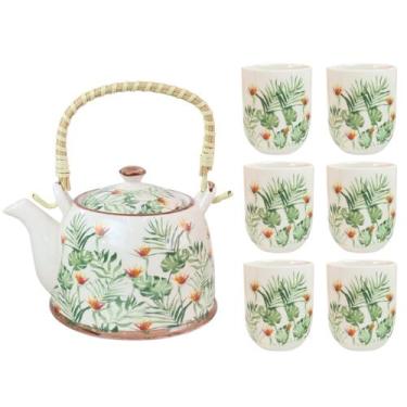 Imagem de Bule Chaleira Cerâmica Oriental Decorativa com 6 Copos e Infusor - Tea