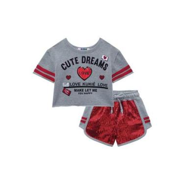 Imagem de Roupa Infantil Blusinha Boxy Shortinho Moletom Lantejoulas Vermelhas C