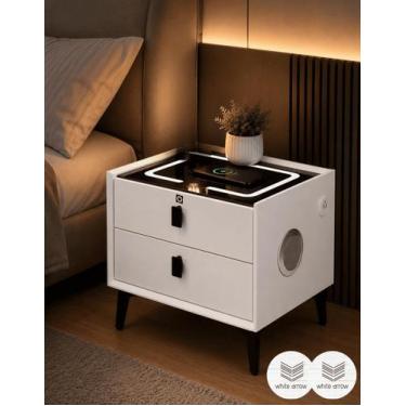 Imagem de Mesa de Cabeceira Smart inteligente Branca 2 Gavetas c/ Biometria, LED