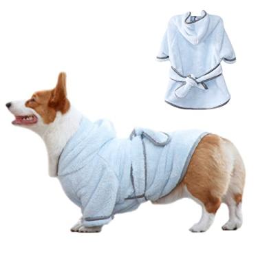 Imagem de Foern Roupão de banho para cães com capuz, roupão de secagem rápida para cães super absorventes Coral Velvet Hotel, pijama para casa quente inverno para cães pequenos e médios, azul, P: 33 cm/13,0 pol