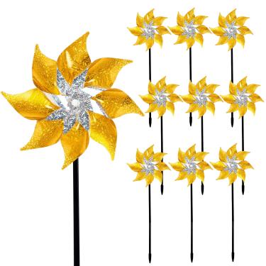 Imagem de Hausse Pacote com 10 cata-ventos refletivos com estacas, roda de pino extra brilhante para decoração de jardim, dispositivos repelentes de pássaros que impedem assustar os pássaros do pátio da
