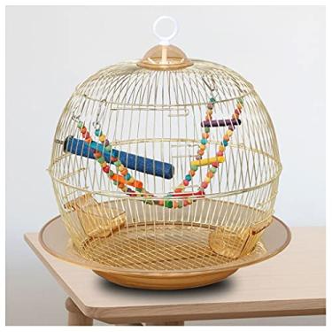 Imagem de KIZQYN Gaiola de pássaros Gaiola de pássaro redonda de metal gaiola ornamental arte de ferro galvanoplastia gaiola de pássaro de reprodução de ouro pode ser portátil e fácil de pendurar gaiola de voo (cor: ouro)
