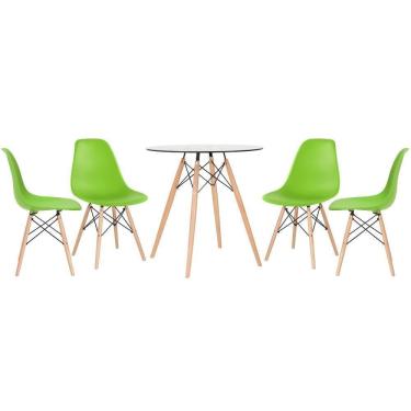 Imagem de Mesa Redonda Eames Com Tampo De Vidro 70 Cm + 4 Cadeiras Eiffel Dsw Verde Claro