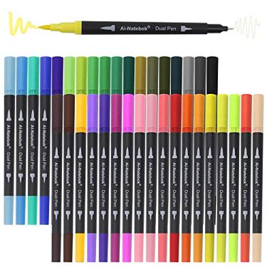 Imagem de ai-natebok Canetas marcadoras duplas, canetas para colorir, 36 cores 0,4 canetas marcadoras de ponta fina e caneta pincel para livros de colorir para adultos bullet journal anotações, escrita, planejamento de arte