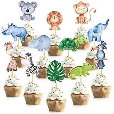Imagem de Jungle Safari Animal Cupcake Toppers Pacote com 48 Decoração de Bolo Feliz Aniversário para Crianças Tema de Animais Selvagens 1º Aniversário Artigos para Festa Celebração Eventos Chá de Bebê