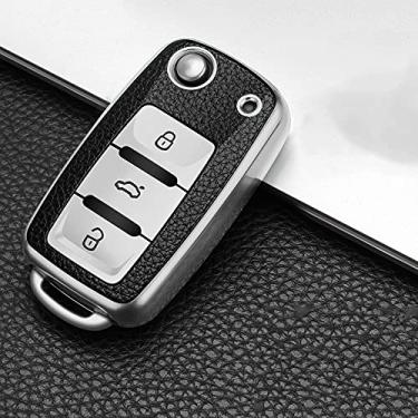 Imagem de YJADHU TPU couro masculino feminino chaveiro capa de chave de carro, apto para Volkswagen VW Jetta Golf Passat Beetle Skoda Seat Polo B5, A, prata