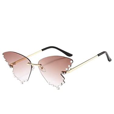 Imagem de Óculos de sol de olho de gato de borboleta de cristal sem aro para mulheres Óculos de sol de liga leve feminino Strass Tons de festa, chá de ouro, com estojo
