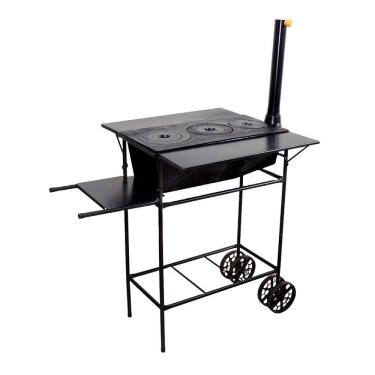 Imagem de Fogão a Lenha Chapa 03 Furos Carrinho e Chaminé 90x80x65cm