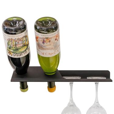 Imagem de Mini Adega de Parede Preta Suporte para 2 Garrafas de Vinho Espumante e Porta 2 Taças M...