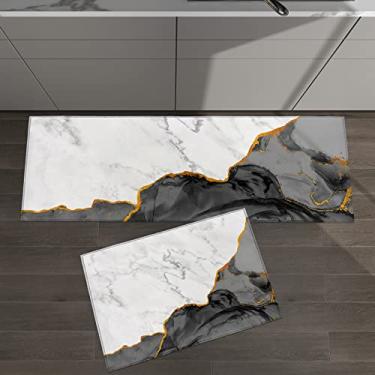 Imagem de Conjunto de 2 tapetes de cozinha mármore abstrato elegante preto branco cinza para tapetes acolchoados e tapetes antiderrapantes absorventes corredor confortável tapete de pé