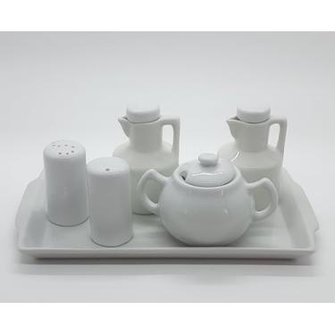 Imagem de Kit Cozinha - Bandeja + Saleiro Mesa + Paliteiro + kit 2 Galheteiros + Açucareiro Chaleira - Porcelana Branca e Bege