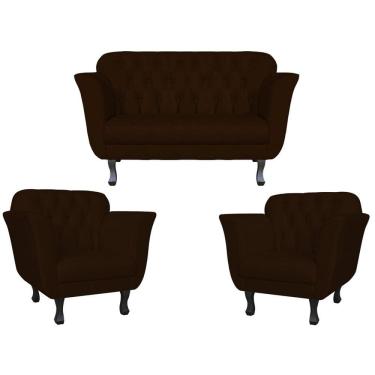 Imagem de Kit Namoradeira + 2 Poltronas Decorativa Dália Suede Marrom Pés Madeira Mz Decor