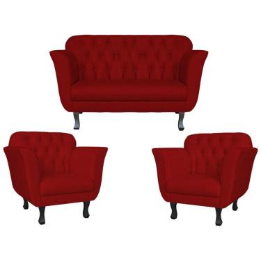 Imagem de Kit Namoradeira + 2 Poltronas Decorativa Dália Suede Vermelho Pés Madeira Mz Decor