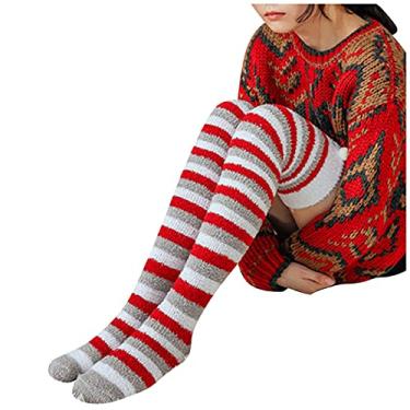 Imagem de Meias femininas de cano alto tricotadas quentes grossas altas botas longas meias polainas de Natal meias femininas altas, Cinza, Tamanho Único