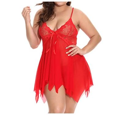 Imagem de Conjunto de lingerie plus size para mulheres com decote em V floral renda babydoll chemise tanga pijamas Noites Camisola Alça Urso de pelúcia Malha Cintura com treino fio L86-Vermelho 3X-Large