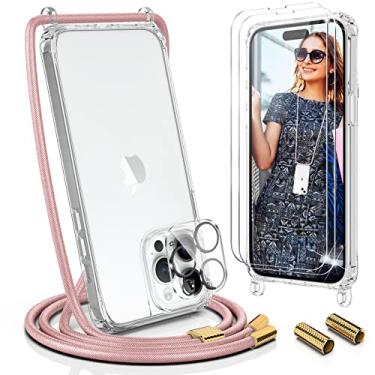 Imagem de UYMO Capa transversal para iPhone 14 Pro Max de 6,7 polegadas, capa transversal com alça de pescoço, capa transparente de policarbonato TPU com 2 películas protetoras de tela de vidro temperado e 1 protetor de lente de câmera, ouro rosa
