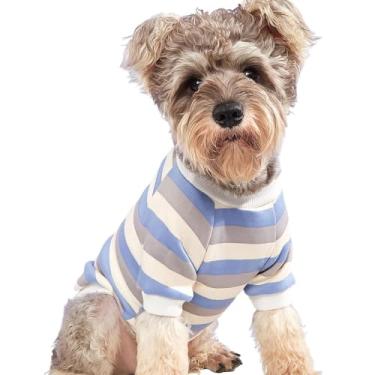 Imagem de Camiseta listrada para cachorro filhote de cachorro moletom quente de veludo para animais de estimação com capuz roupas de gato (listra azul, M)
