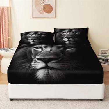 Imagem de Bhoyctn Jogo de lençol King, animal leão preto, 4 peças, lençóis de cama refrescantes e fronhas, microfibra escovada respirável, jogo de cama extra macio com bolso profundo