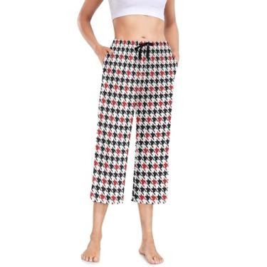 Imagem de KLL Linda calça de pijama stretch plus size capri cintura alta calça pijama adolescente preta e vermelha Houndstooth, Houndstooth preto e vermelho, M