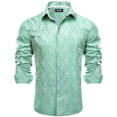 Imagem de Hi-Tie Camisas masculinas de seda manga longa com botões verde menta casual Paisley camisas formais de negócios para festa de casamento, grande, Paisley verde menta, G