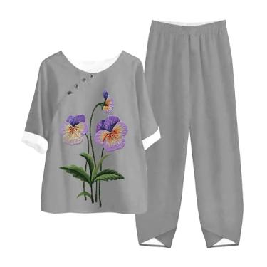 Imagem de Conjunto feminino de duas peças com mangas de linho de algodão, ajuste solto, camisa de conscientização de Alzheimer e conjunto de perna larga, Cinza, 3X-Large
