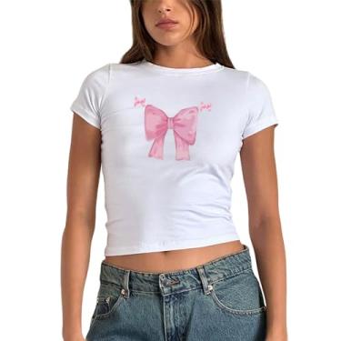 Imagem de Camiseta Y2k estampada para bebês com estampa de laço/cerejeira/carro, gola redonda, casual, caimento justo, Branco, M